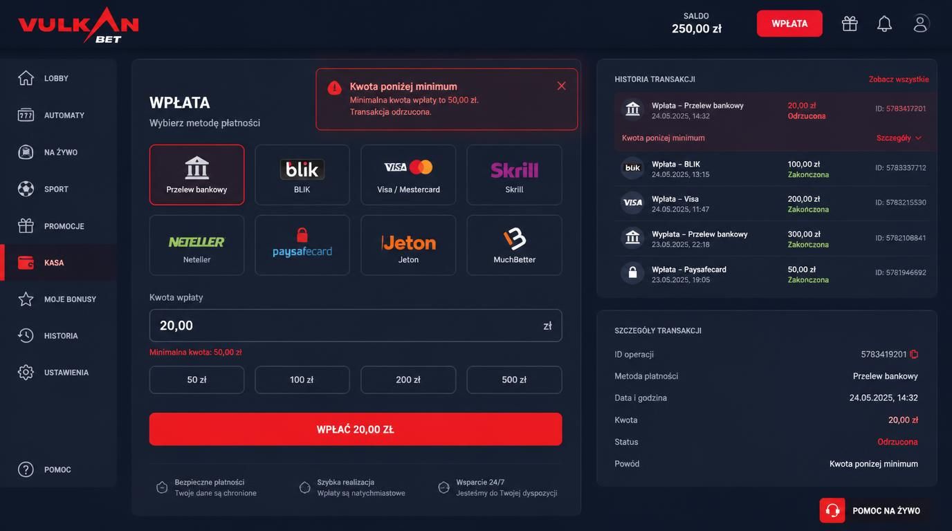 komunikat o błędzie przy wpłacie poniżej minimum