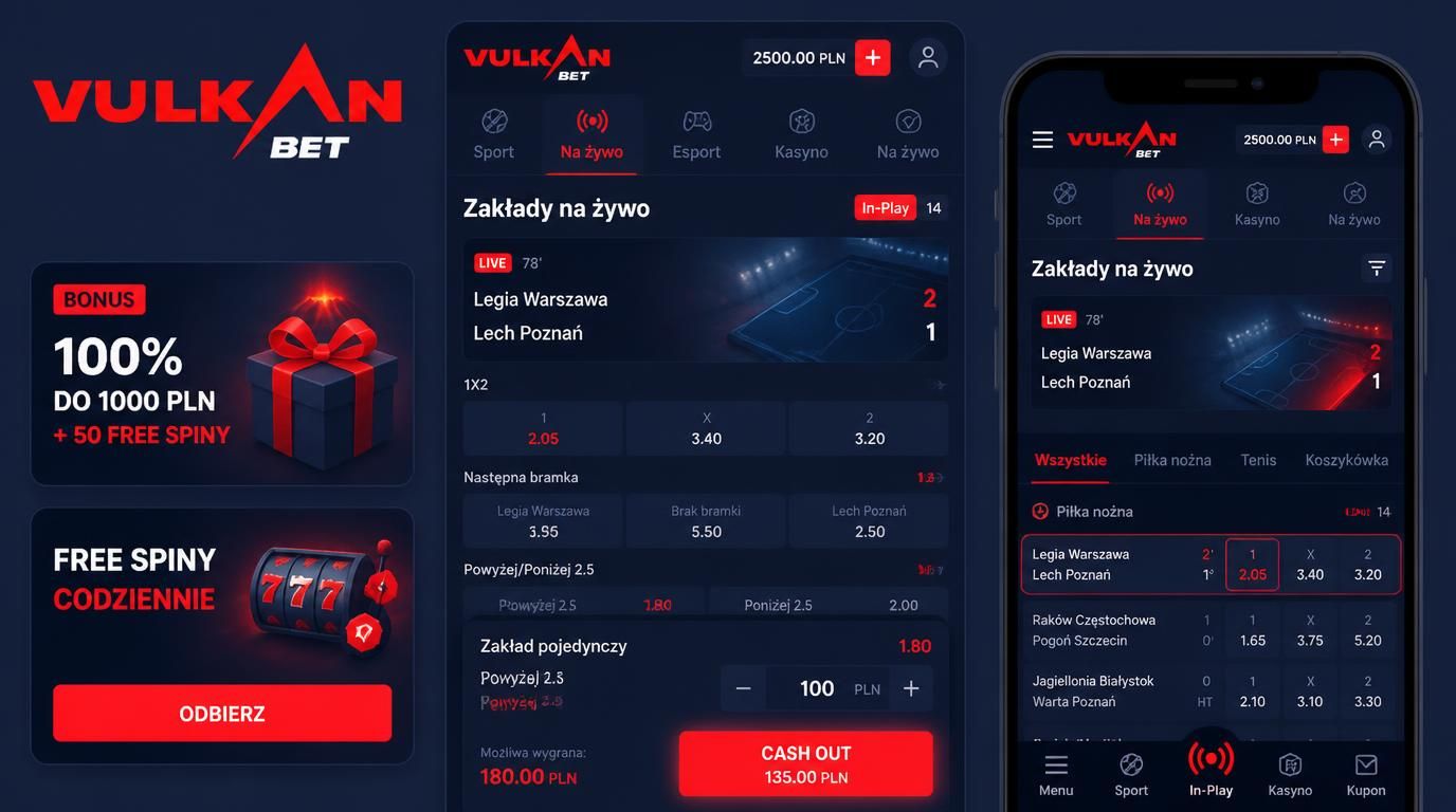 Ekran mobilny z zakładami na żywo i opcją Cash Out oraz elementami bonusów