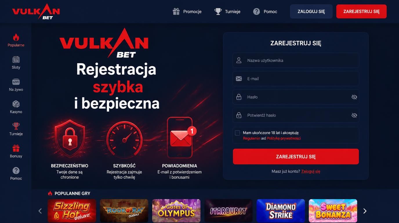 Formularz rejestracyjny w Vulkanbet z ikoną bezpieczeństwa i symbolem czasu