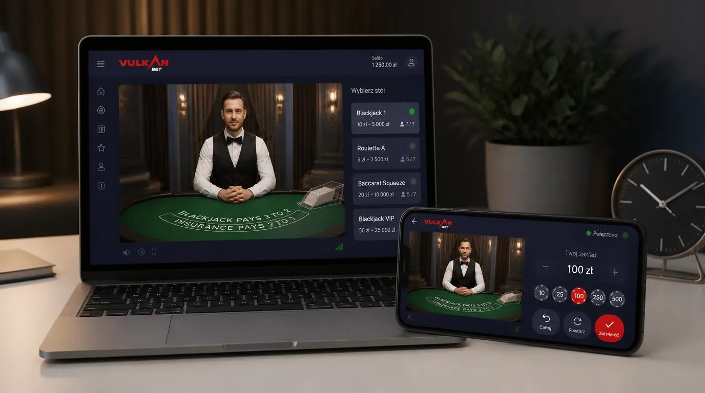 Laptop i telefon z transmisją krupiera oraz panelem wyboru stołów kasyna na żywo