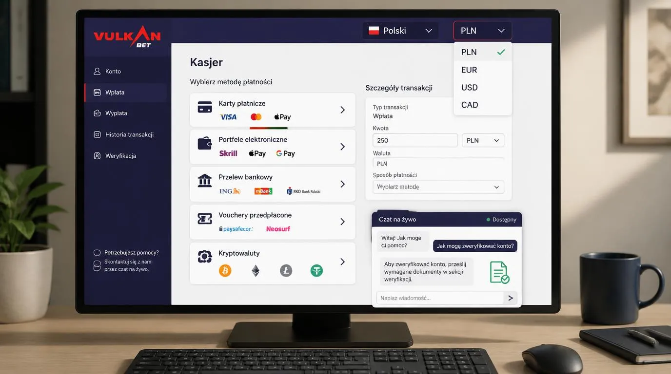 Panel kasy z walutą PLN, wyborem języka polskiego, metodami płatności i otwartym czatem obsługi