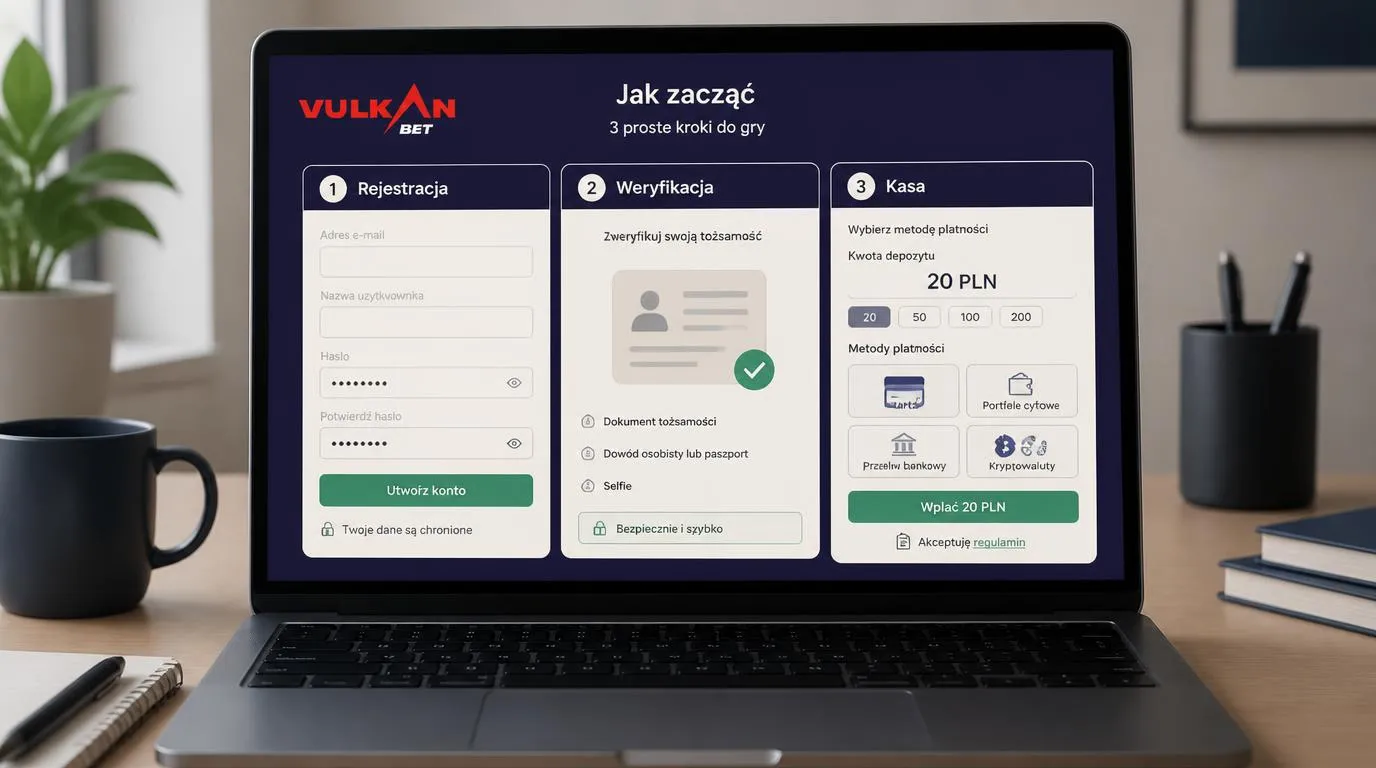 Panel rejestracji, weryfikacji tożsamości i kasy z depozytem 20 PLN na ekranie laptopa