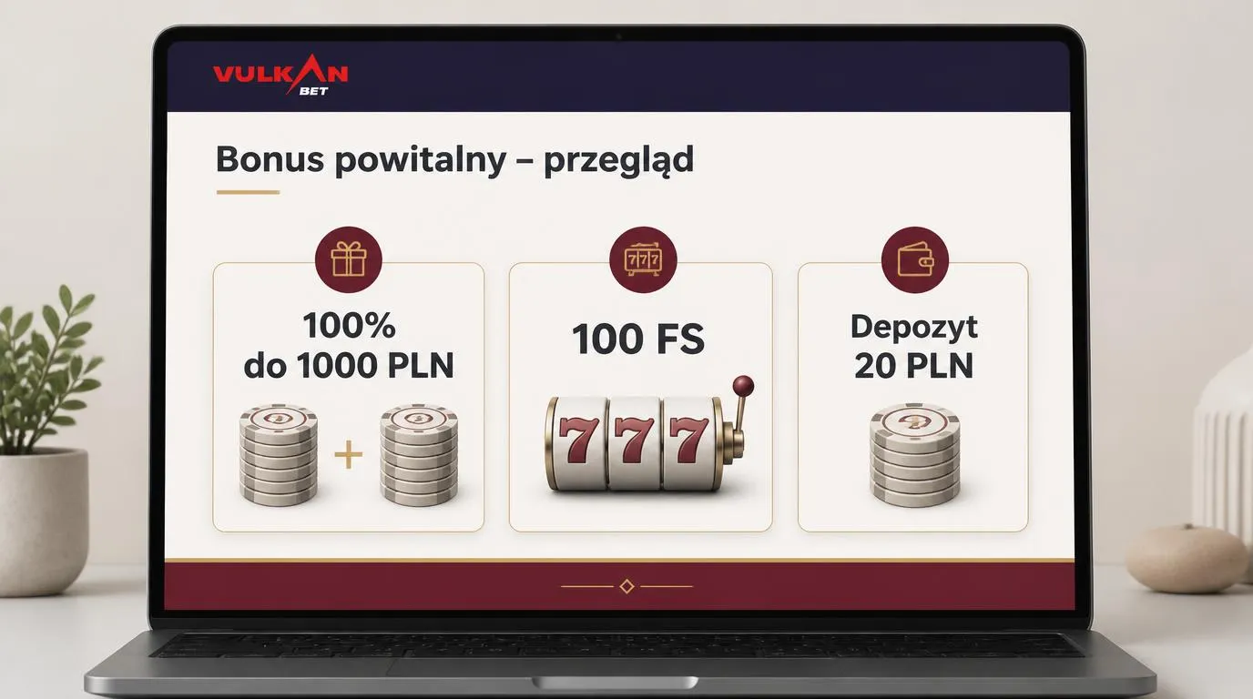 Panel bonusu powitalnego z ofertą 100% do 1000 PLN, pakietem 100 FS i depozytem 20 PLN